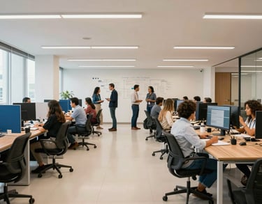 A wide shot of a modern creative office in Brazil, with people collaborating on marketing strategies, bright off-white and steel blue decor.
