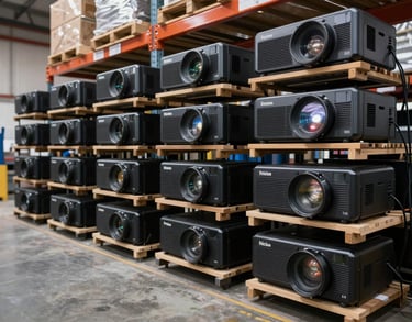 Clean rows of professional event lighting equipment and projectors stored in a modern Brazilian warehouse, organized and high-tech.