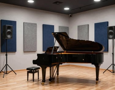 A high-end rehearsal space for artists, featuring acoustic panels, a grand piano, and modern sound equipment, light grey and navy tones.