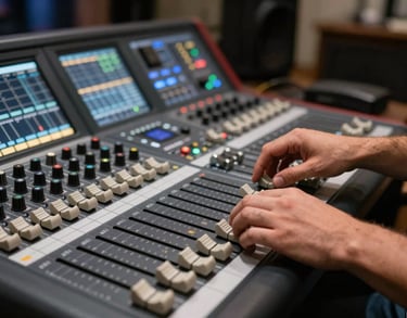 Close-up of a South American / Brazilian sound engineer's hands adjusting faders on a large digital console, professional event atmosphere.