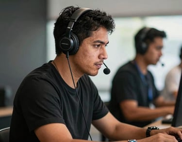 Portrait of a South American / Brazilian male event producer wearing a headset, working in a dynamic environment, professional and focused.