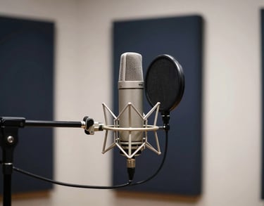 Dynamic photo of a music recording booth with a high-end microphone, dark navy and off-white aesthetic, professional Brazilian studio.
