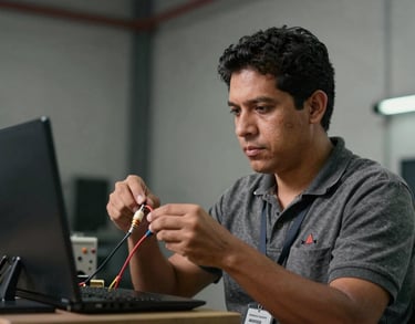 Professional portrait of a South American / Brazilian technician checking audio cables and equipment, focused expression, industrial-chic background.