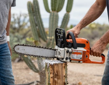 Two people using a gas-powered chainsaw to cut a wooden post outdoors near a prickly pear cactus.
