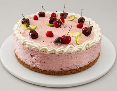 pastel artesanal de cereza decorado con frutos rojos y merengue.
