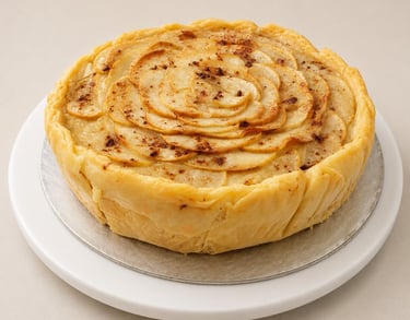 una tarta de manzana artesanal espolvoreada con canela en una base blanca