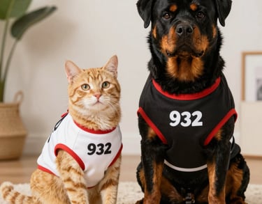 Un gato atigrado naranja y un perro Rottweiler negro que llevan camisetas a juego para mascotas.