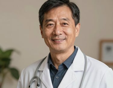 Portrait of a medical professional with a friendly expression, soft lighting, clean studio background with hints of nature and warm taupe tones.