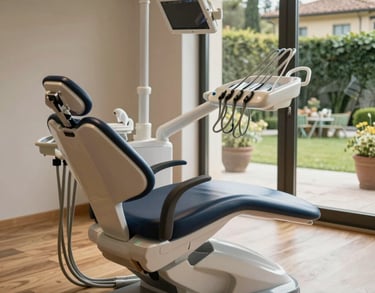 Detail shot of a modern dental chair in a room with large windows, light brown wooden floors, and a view of an Italian garden, very peaceful mood.