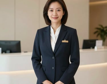 Friendly portrait of a clinic coordinator in an elegant professional outfit, standing in a welcoming beige and white reception area.