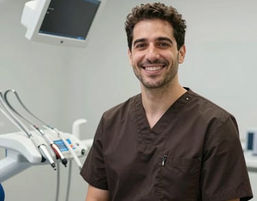 Professional photo of a male dentist, Southern European look, wearing a dark brown clinic uniform, smiling with confidence in a modern dental operatory with high-tech equipment.