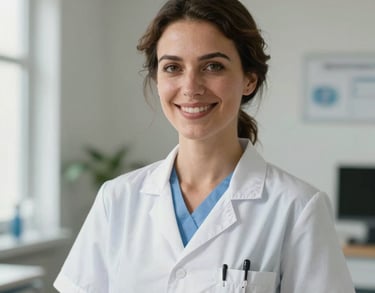 Portrait of a smiling professional woman in elegant medical uniform, Southern European / Italian style, in a professional and clean health studio environment with natural light.