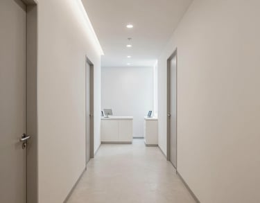 Perspective shot of an Italian dental studio hallway, minimalist architecture, clean lines, white and sand color palette.