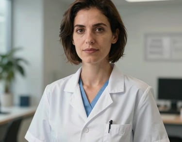Portrait of a female health practitioner in a modern office, Southern European, wearing professional medical clothing, looking approachable and professional.