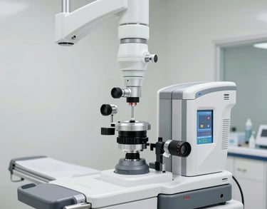 Modern high-tech diagnostic equipment in a clinic, featuring elegant white and metal-free finishes, bright and clean photography.