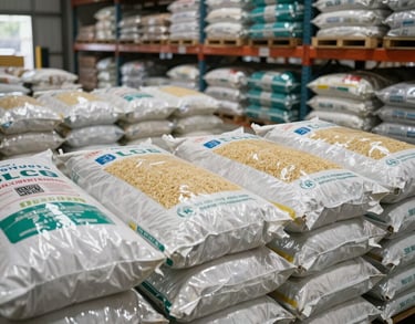Inside a clean, organized distribution warehouse in Indonesia, showing bags of fertilizer and rice ready for delivery, photography.