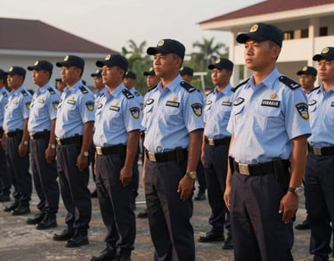 Professional security personnel in crisp uniforms standing in formation at a training facility in Indonesia, dawn lighting, photography.