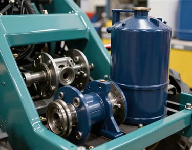 Close-up of agricultural machinery parts and fertilizer equipment in a well-lit showroom, metallic teal and navy blue colors, photography.