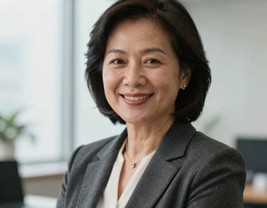 Professional portrait of a middle-aged Southeast Asian woman in business attire, smiling warmly in a bright office setting, photography.
