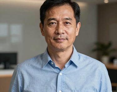 Professional portrait of a Southeast Asian man in his 50s with a kind face, wearing a sky blue shirt, modern professional background, photography.