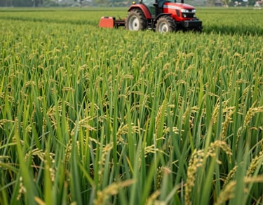 A vibrant green rice paddy field in Indonesia with a modern red tractor in the distance, bright daylight, photography.