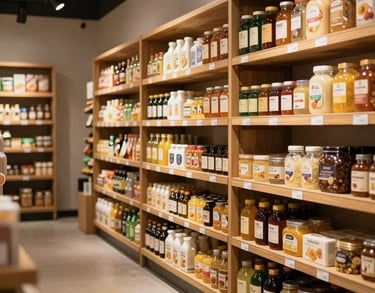 A modern and clean community grocery store in Indonesia with wooden shelves stocked with essentials, warm gold lighting, photography.