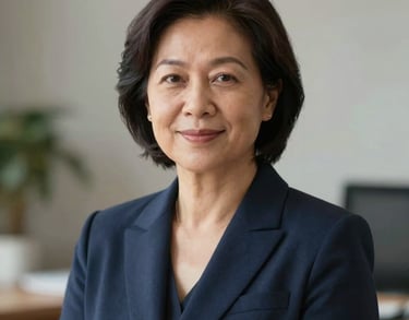 Professional portrait of a mature Southeast Asian woman with a friendly expression, wearing a tailored navy blazer, soft office lighting, photography.