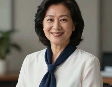Professional portrait of a mature Southeast Asian woman in a white blouse and navy scarf, smiling warmly, corporate photography style.