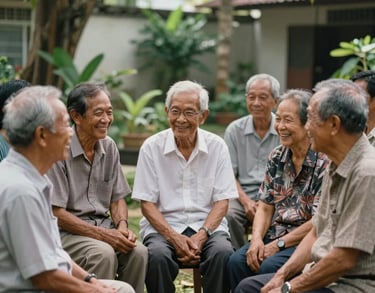 A group of Southeast Asian seniors in respectful casual attire sitting together in a sunlit community garden, smiling and talking, photography.