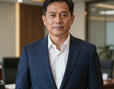 Professional portrait of a mature Southeast Asian man in a sharp suit, standing in a modern office with navy blue and gold accents, photography.
