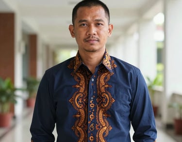 Professional portrait of a Southeast Asian man with short hair, wearing a navy blue batik shirt, confident stance in a bright hall, photography.