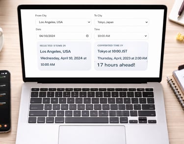 Time zone converter tool showing Los Angeles to Tokyo time conversion on laptop_timenowonline