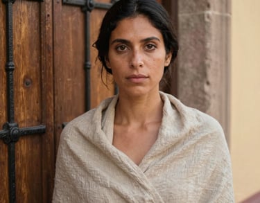 Portrait of a woman with vibrant dark eyes, wearing a simple linen wrap, standing next to an old wooden door with iron details, Latin American / Spanish setting, warm afternoon glow.