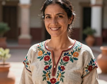 Portrait of a smiling woman with her hair pulled back, wearing an embroidered linen tunic, standing in a sun-drenched courtyard with clay pots, Latin American / Spanish setting, soft focused background.