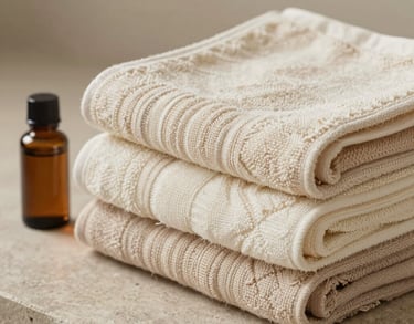 Photography of a stack of hand-woven organic cotton towels in shades of cream and light beige, sitting next to a glass bottle of essential oil on a stone surface, soft focus, serene lighting.