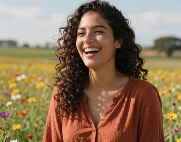 Portrait of a young woman with curly hair, wearing a terracotta-colored blouse, laughing in a sunlit field of wildflowers, Latin American / Spanish countryside, bright natural lighting.
