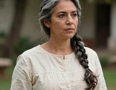 Portrait of a woman with grey-streaked hair in a braid, wearing a cream cotton dress, looking thoughtfully into the distance, outdoor garden setting, Latin American / Spanish context, soft lighting.