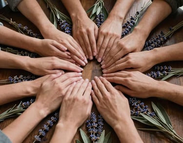 Photography of a group of women's hands joined together in a circle over a wooden table covered in lavender and sage leaves, soft diffused light, warm earthy color palette.