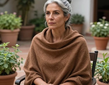 Portrait of a woman with silver hair tied in a bun, wearing a medium brown shawl, sitting in a garden chair surrounded by potted herbs, Latin American / Spanish patio, soft natural light.