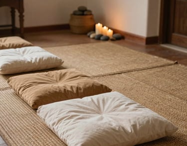 Photography of an indoor meditation space with woven floor mats, soft cotton cushions in cream and tan, and a small altar with candles and river stones, Latin American / Spanish interior design.