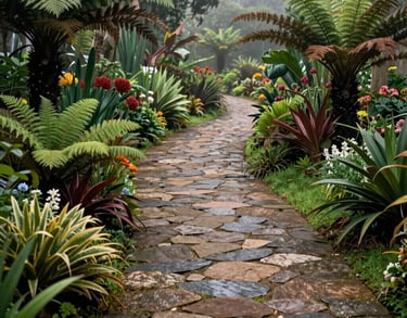 Photography of an outdoor stone path winding through a lush garden with native ferns and flowering plants, misty morning light, Latin American / Spanish landscape, deep green and earthy brown colors.