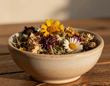 Close-up photography of a handmade ceramic bowl filled with dried flowers and herbs on a rustic wooden table, soft golden hour light, Latin American / Spanish decor style, warm beige and muted tan tones.