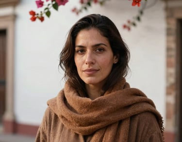 Portrait of a woman with a gentle expression, wearing a warm brown scarf, standing in front of a colonial-style white wall with bougainvillea, Latin American / Spanish atmosphere, natural afternoon light.
