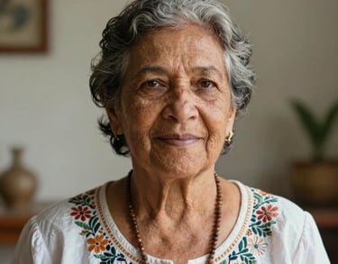 A professional portrait of an elder Brazilian woman with a kind, experienced face, in a clean and peaceful spiritual environment, South American style.