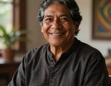 A professional portrait of a South American spiritual advisor in modest dark attire, smiling warmly with a background of a blurred Brazilian interior. Soft lighting.