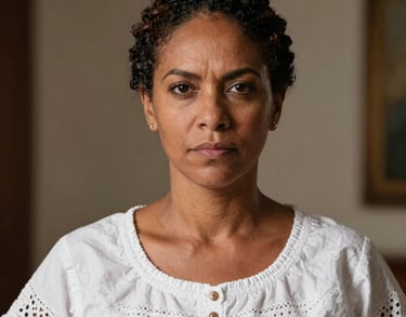 A professional headshot of a Brazilian woman with a serious and supportive expression, wearing elegant and simple traditional white clothing, South American setting.