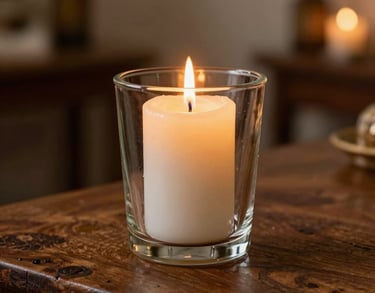 A detailed shot of a lit white candle in an ornate glass holder, casting a warm golden glow on an aged wooden table in a Brazilian spiritual center. Professional photography, shallow depth of field.