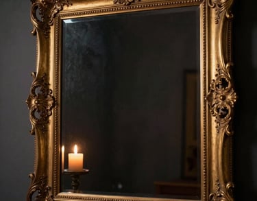 A photo of an ornate gold-framed mirror reflecting a lit candle in a dark room. Brazilian decor style, moody and discreet lighting.