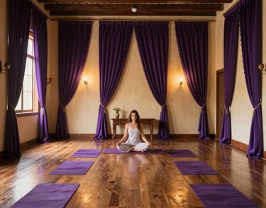 A wide shot of a peaceful meditation room in a Brazilian colonial house, featuring dark purple drapes and golden accents on the walls. Warm, supportive lighting.
