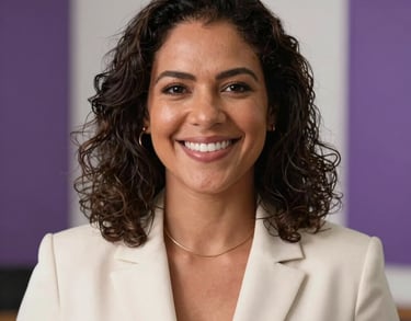 Portrait of a Brazilian woman with a supportive smile, in a professional setting with soft off-white and purple colors. South American / Brazilian aesthetics.